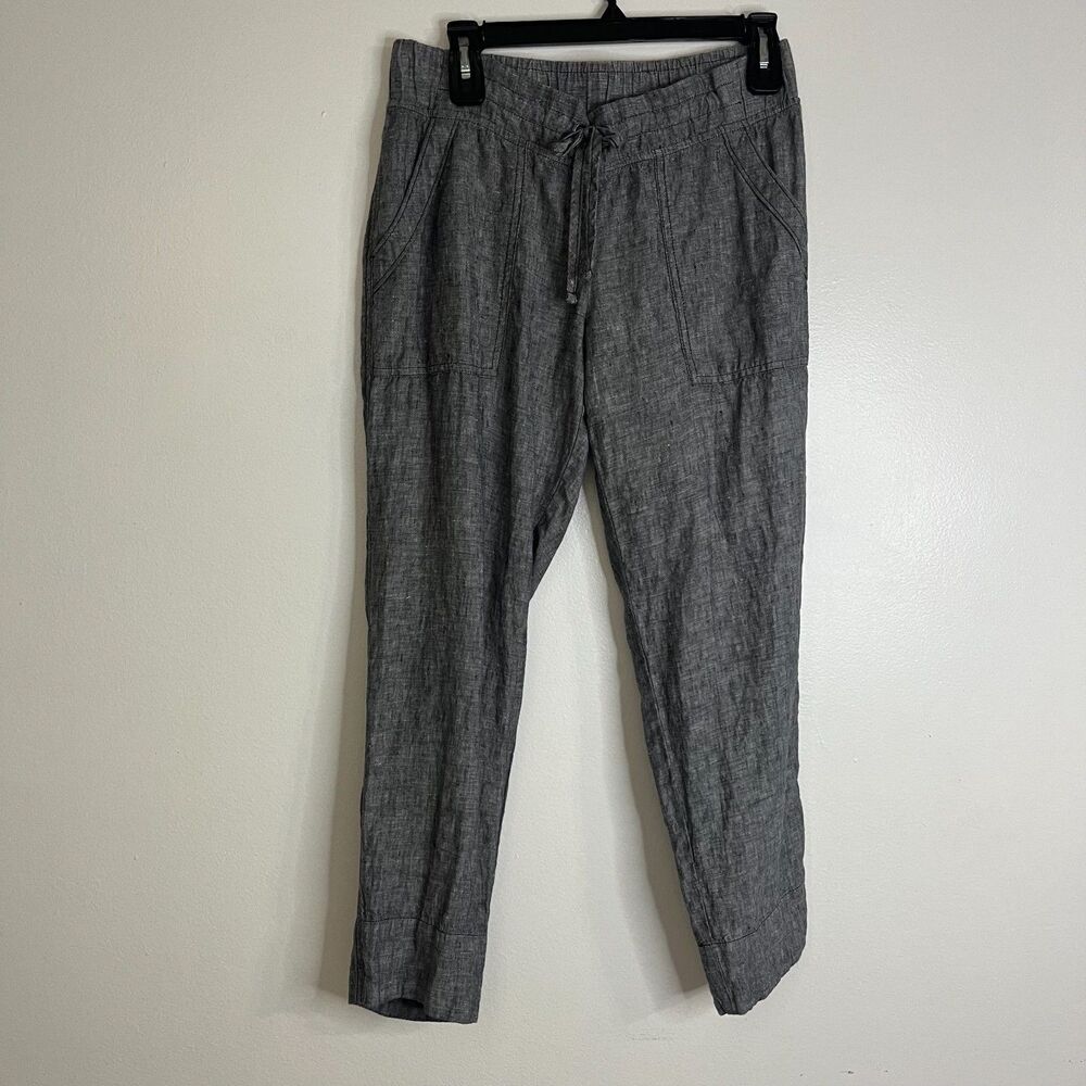 Athleta Womens 100% Linen Pants 4 Gray Ankle Tapered Leg Pull On Drawstring
